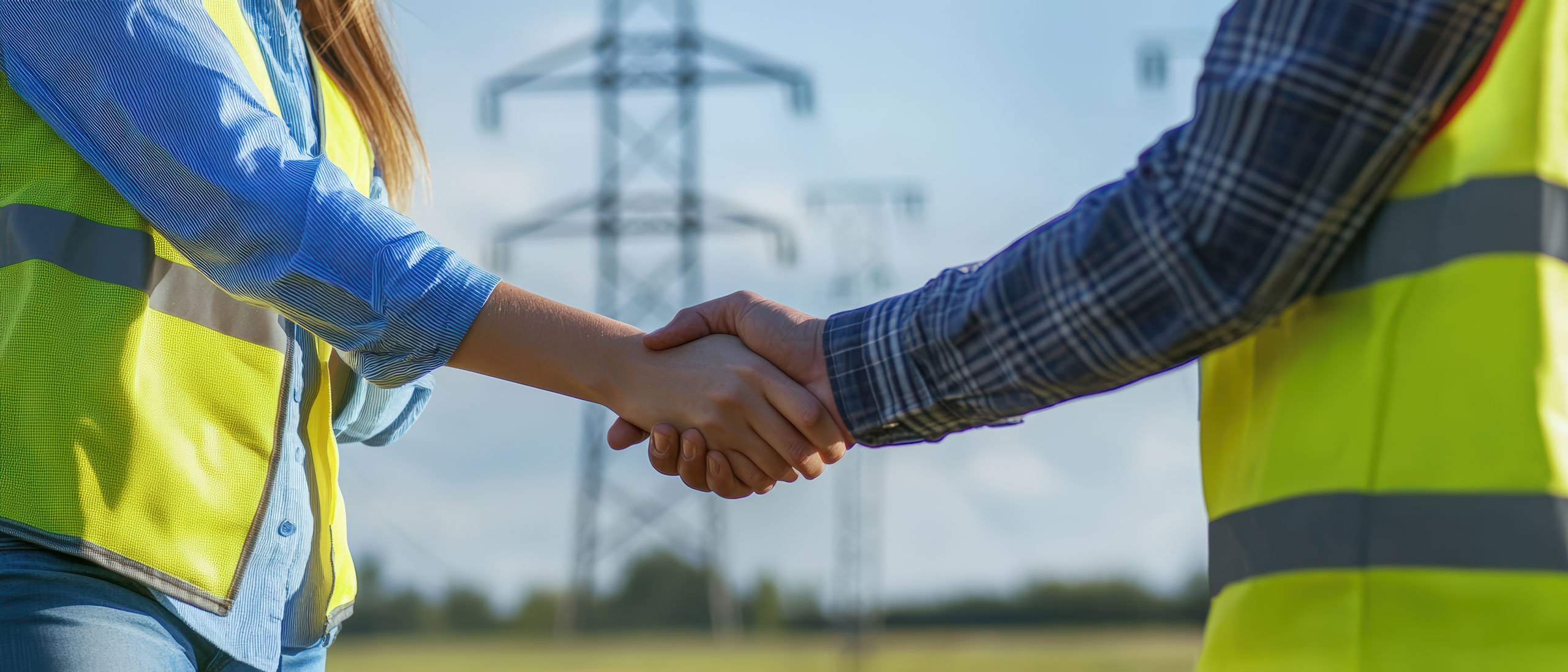 Handshake between two professionals in safety gear on construction site with power lines in background.